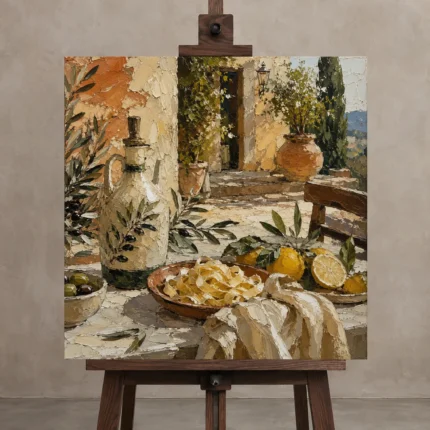 Lemon Courtyard Pasta Italian Dining Wall Art Canvas Print displayed on a studio easel