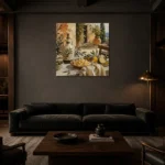 Lemon Courtyard Pasta Italian Dining Wall Art Canvas Print shown in a warm modern interior