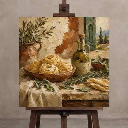 Rustic Herb Pasta Italian Dining Wall Art Canvas Print displayed on a studio easel