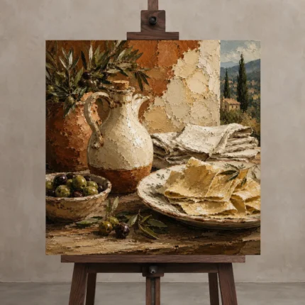 Olive Branch Pasta Sheets Italian Dining Wall Art Canvas Print displayed on a studio easel