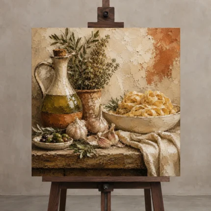 Olive Oil Garlic Pasta Italian Dining Wall Art Canvas Print displayed on a studio easel