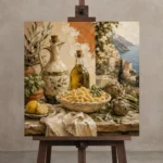 Amalfi Artichoke Pasta Italian Dining Wall Art Canvas Print displayed on a studio easel