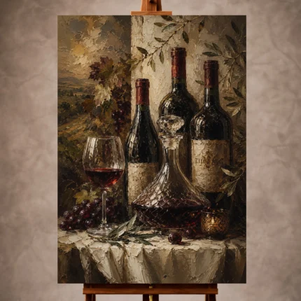 This Wine Wall Art captures the quiet richness of a classic cellar table, where deep burgundy wine, aged glass, olive foliage, and textured ivory linen create a sophisticated still life with old-world warmth.Designed for elegant dining rooms, home bars, wine rooms, kitchen nooks, and refined entertaining spaces, this artwork brings a curated European mood to interiors styled with warm woods, stone finishes, brass accents, and timeless neutral palettes.Available as a Canvas Print, Acrylic Print, Metal Print, or Museum Matte Poster, it offers a gallery inspired statement for collectors who want Dining Room Wall Art with depth, texture, and elevated hospitality style.