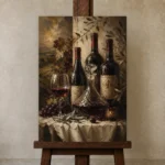 Tuscan Wine Still Life Wine Wall Art Canvas Print displayed on a studio easel