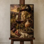 Pouring Red Wine Wine Wall Art Canvas Print displayed on a studio easel