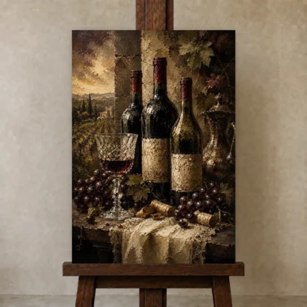 Vintage Wine Bottles Wine Wall Art Canvas Print shown in Studio Easel