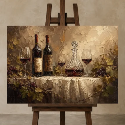 Wine Tasting Still Life Wine Wall Art Canvas Print displayed on a studio easel