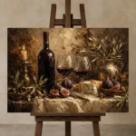 Candlelit Wine Table Wine Wall Art Canvas Print displayed on a studio easel