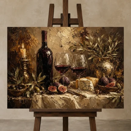 Candlelit Wine Table Wine Wall Art Canvas Print shown in Studio Easel