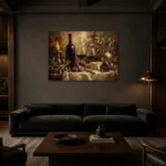 Candlelit Wine Table Wine Wall Art Canvas Print shown in a warm modern interior