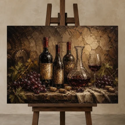 Wine Cellar Still Life Wine Wall Art Canvas Print displayed on a studio easel