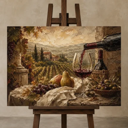 Tuscan Terrace Wine Wall Art Canvas Print displayed on a studio easel