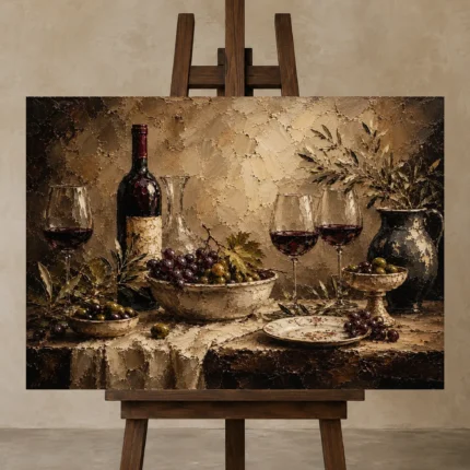 Olive Harvest Wine Wall Art Canvas Print displayed on a studio easel