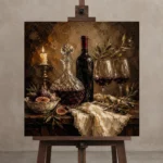 Crystal Decanter Fig Wine Wall Art Canvas Print displayed on a studio easel