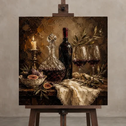 Crystal Decanter Fig Wine Wall Art Canvas Print shown in Studio Easel
