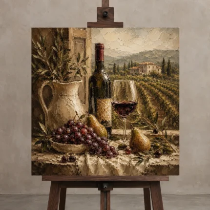 Tuscan Window Wine Wall Art Canvas Print displayed on a studio easel