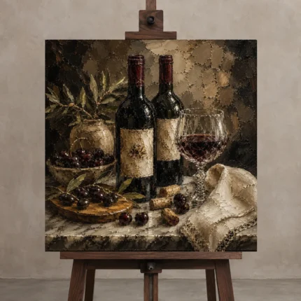 Two Bottle Still Life Wine Wall Art Canvas Print displayed on a studio easel