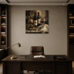 Two Bottle Still Life Wine Wall Art Canvas Print displayed in a contemporary gallery-inspired room