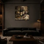Two Bottle Still Life Wine Wall Art Canvas Print shown in a warm modern interior