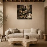 Two Bottle Still Life Wine Wall Art Canvas Print presented in a sophisticated home setting