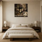 Two Bottle Still Life Wine Wall Art Canvas Print showcased in an elegant minimalist interior