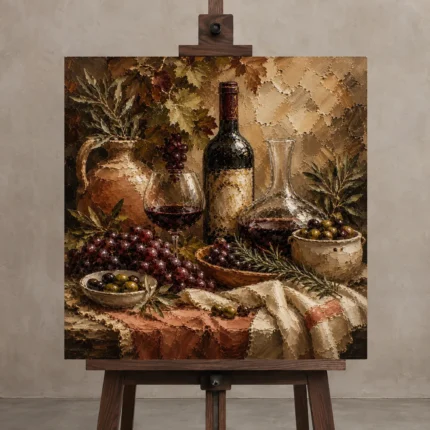 Mediterranean Wine Harvest Wine Wall Art Canvas Print displayed on a studio easel