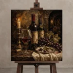 Candlelit Wine Cellar Wine Wall Art Canvas Print displayed on a studio easel