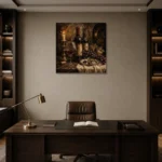 Candlelit Wine Cellar Wine Wall Art Canvas Print displayed in a contemporary gallery-inspired room