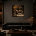 Candlelit Wine Cellar Wine Wall Art Canvas Print shown in a warm modern interior