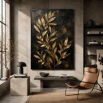 Golden Olive Branch Botanical Black & Gold Wall Art Canvas Print - Image 3