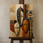 African Masks Ethnic Wall Art Canvas Print displayed on a studio easel