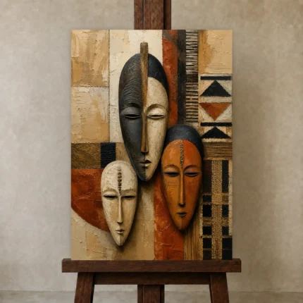 African Masks Ethnic Wall Art Canvas Print shown in Studio Easel
