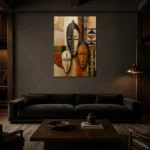 African Masks Ethnic Wall Art Canvas Print shown in a warm modern interior