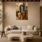 African Masks Ethnic Wall Art Canvas Print presented in a sophisticated home setting