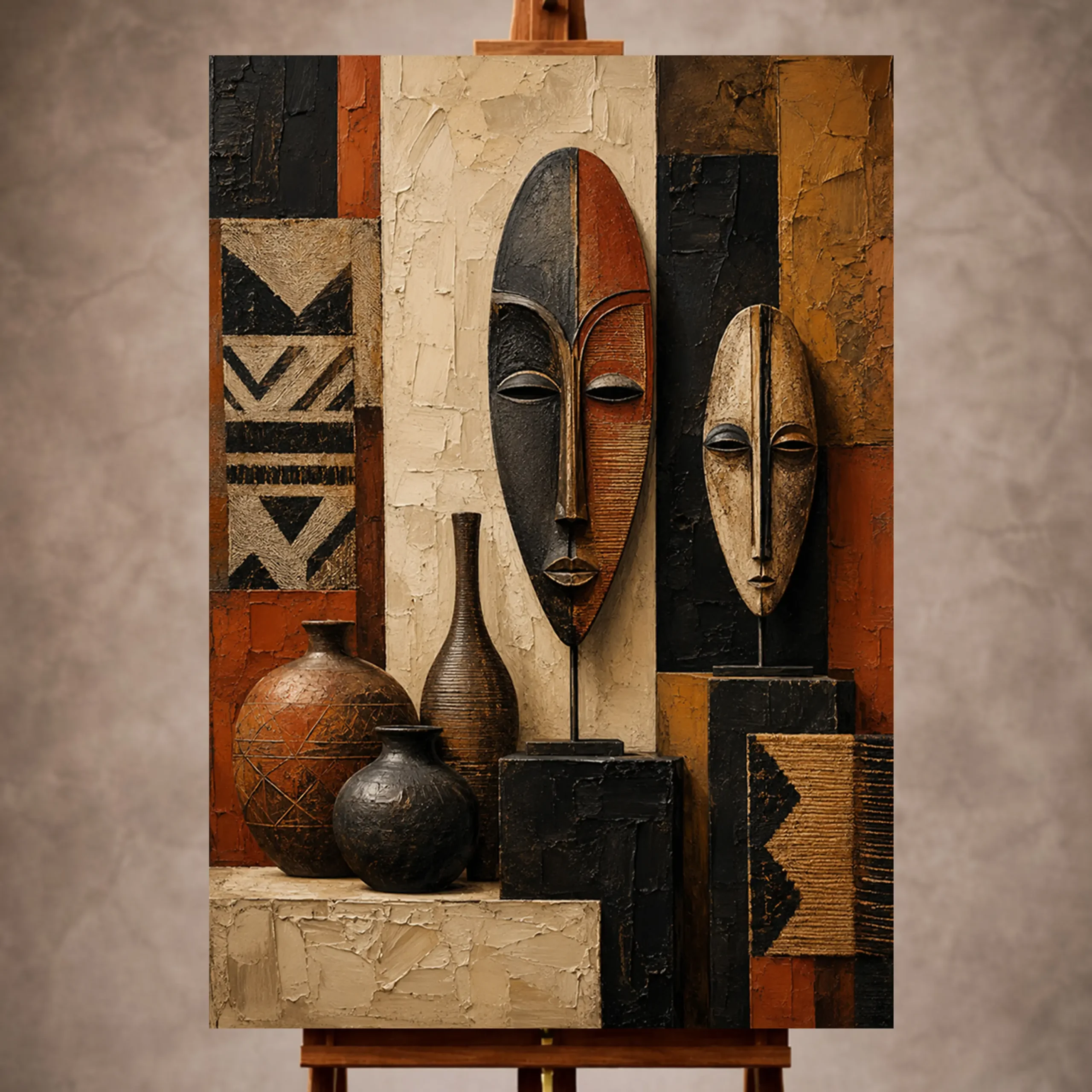 Premium Wall Art Dikey Html Edition – ETNİCART008 Image 1 Terracotta and ivory dramatic African Inspired Wall Art print for elegant interiors. No text or watermarks in design.