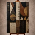 Charcoal and muted gold African Inspired Wall Art print for elegant interiors. No text or watermarks in design.