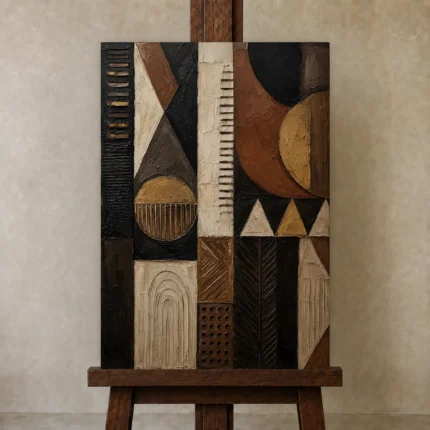 Charcoal & Muted Gold African Inspired Wall Art Canvas Print shown in Studio Easel
