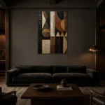 Charcoal & Muted Gold African Inspired Wall Art Canvas Print shown in a warm modern interior