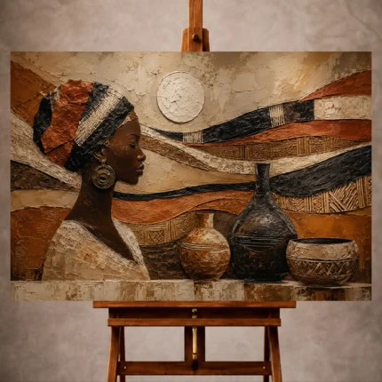 Muted umber and ivory African Inspired Wall Art print for elegant interiors. No text or watermarks in design.