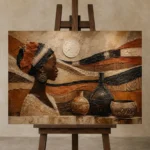 Muted Umber & Ivory African Inspired Wall Art Canvas Print displayed on a studio easel
