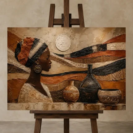 Muted Umber & Ivory African Inspired Wall Art Canvas Print displayed on a studio easel