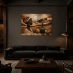 Muted Umber & Ivory African Inspired Wall Art Canvas Print shown in a warm modern interior
