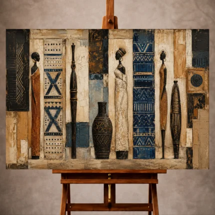 Soft indigo and parchment African Inspired Wall Art print for elegant interiors. No text or watermarks in design.
