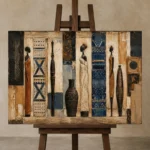 Soft Indigo & Parchment African Inspired Wall Art Canvas Print displayed on a studio easel