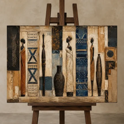 Soft Indigo & Parchment African Inspired Wall Art Canvas Print displayed on a studio easel