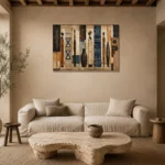 Soft Indigo & Parchment African Inspired Wall Art Canvas Print presented in a sophisticated home setting
