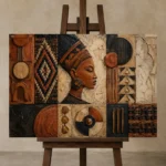 Charcoal & Bronze Terracotta African Inspired Wall Art Canvas Print displayed on a studio easel