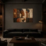 Charcoal & Bronze Terracotta African Inspired Wall Art Canvas Print shown in a warm modern interior