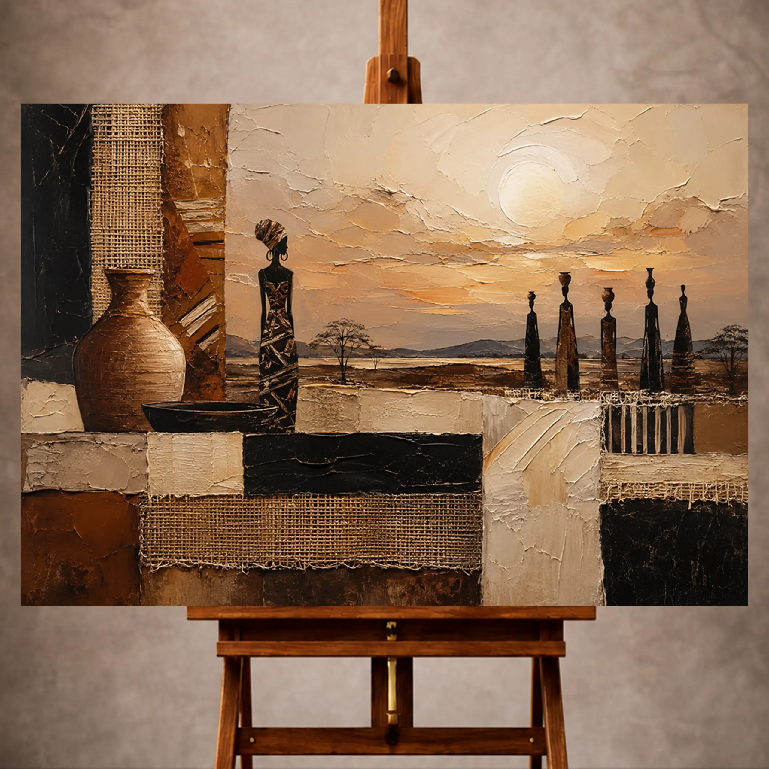 Premium Wall Art Yatay Html Edition – ETNİCART014 Image 1 Soft ochre and clay African Inspired Wall Art print for elegant interiors. No text or watermarks in design.