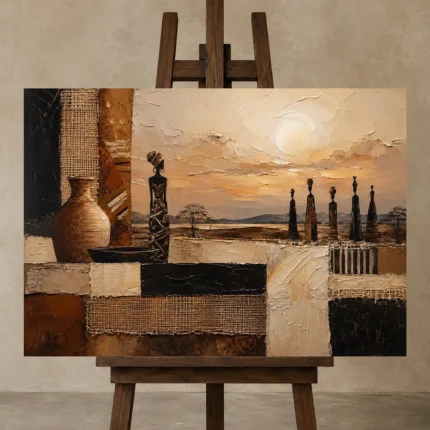 Soft Ochre & Clay African Inspired Wall Art Canvas Print displayed on a studio easel